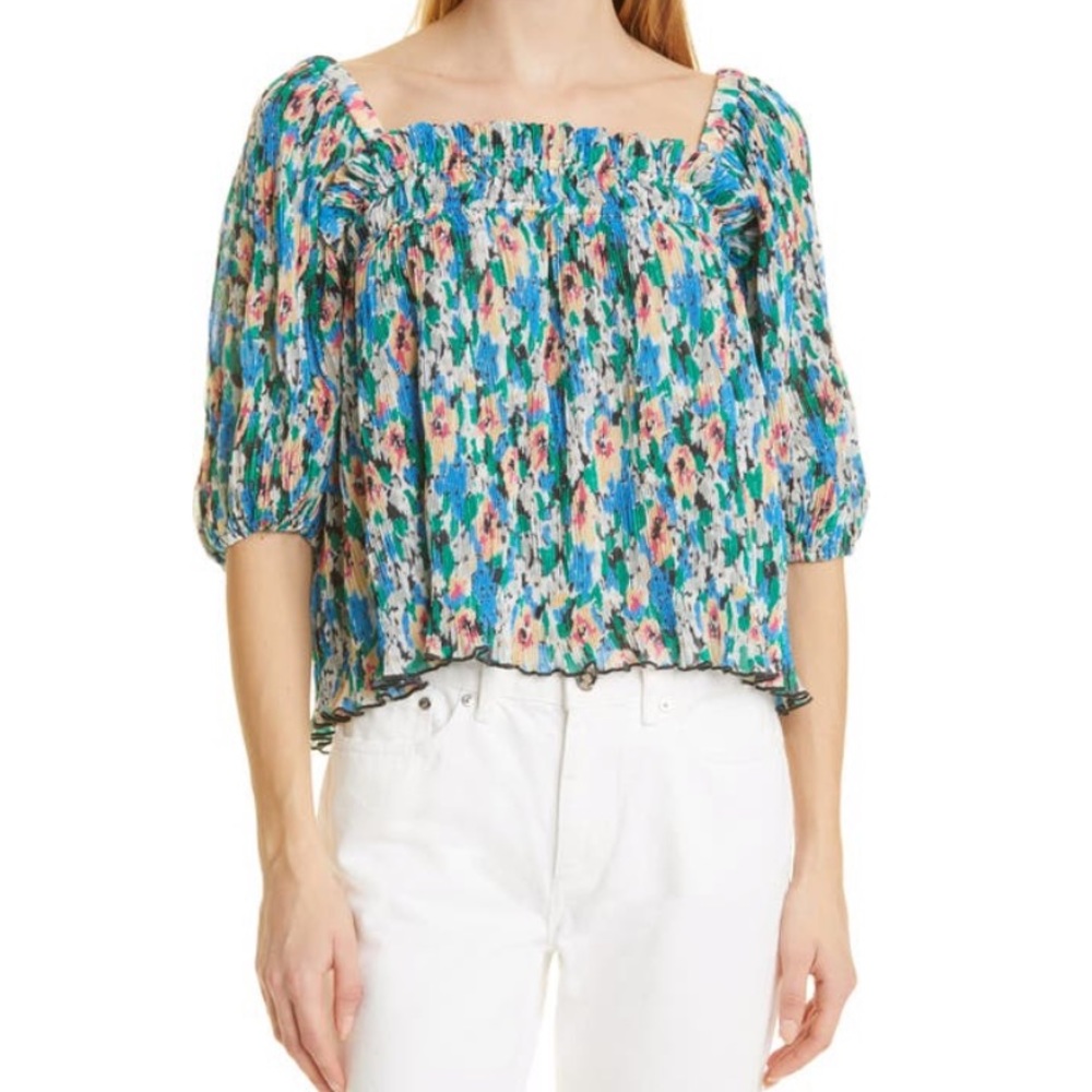 Ganni Floral Print Blouse - Blue and Green